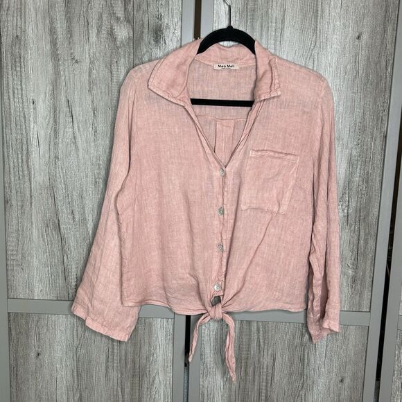 Meo Meli Linen Top Large Button Down Long Sleeves Front Tie Boho Lagenlook - Picture 1 of 6